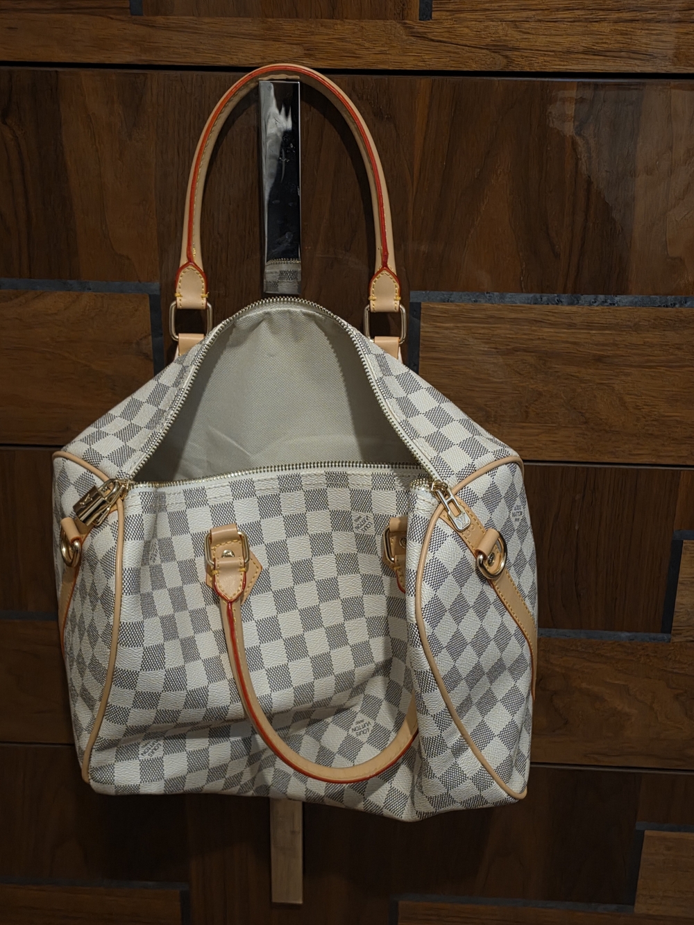Ivory Check Canvas Satchel Handbag with Tan Trim